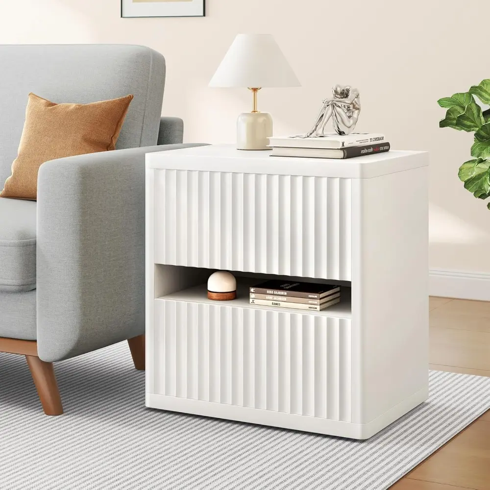 Fluted Nightstand with 2 Drawers, Large Wide Wood Night Stand Bedside Tables for Bedroom, Mid-Century Modern Storage Bed Side T
