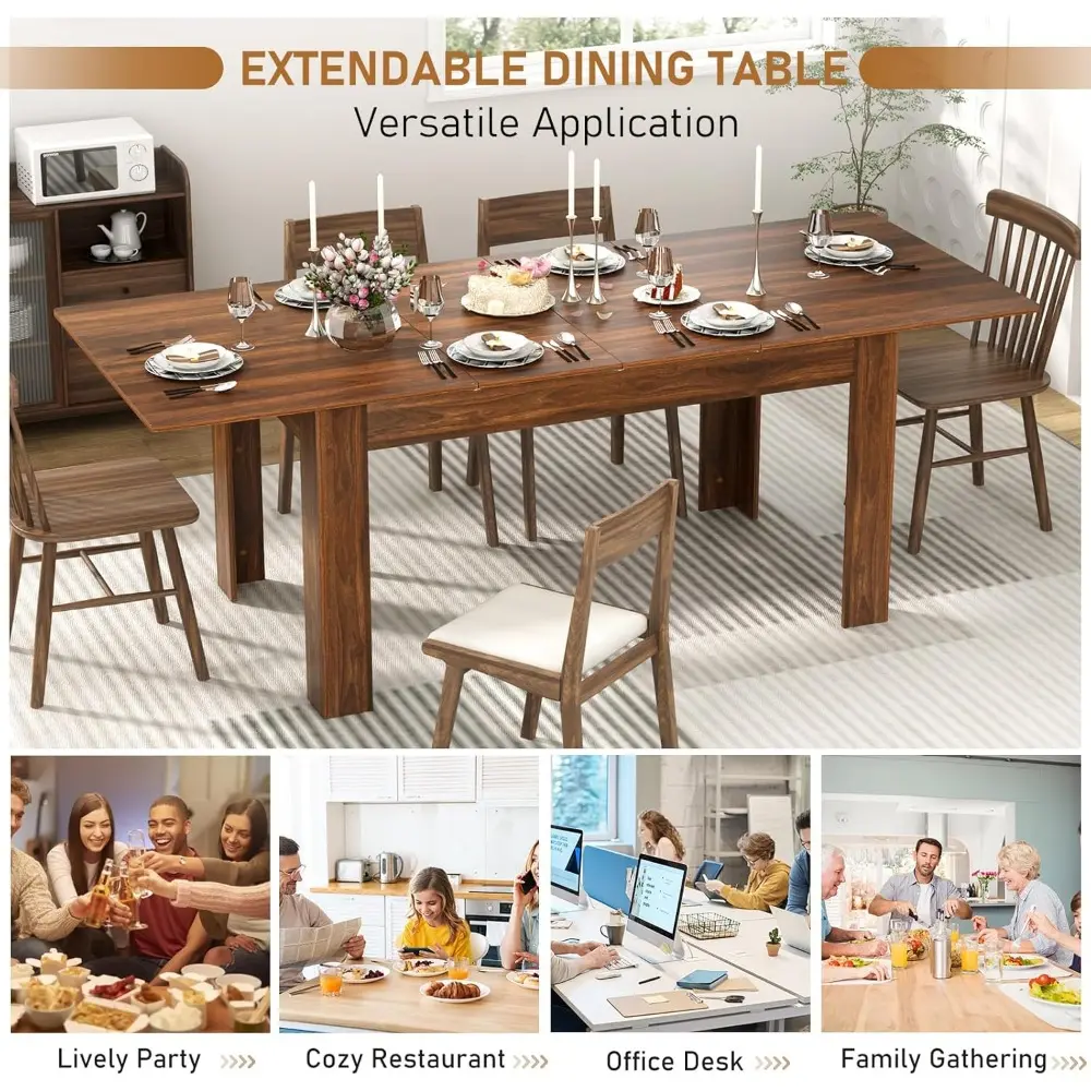 Extendable Dining Table for 6-10 Person, Wooden Dining Room Table, Modern Extendable Table for Gatherings, Meeting for Small Kit
