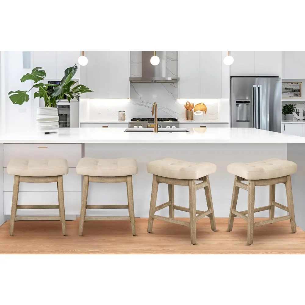 Counter Height Bar Stools Set of 3 for Kitchen Counter Farmhouse Modern Barstools with Upholstered Fabric Backless Seat and Soli