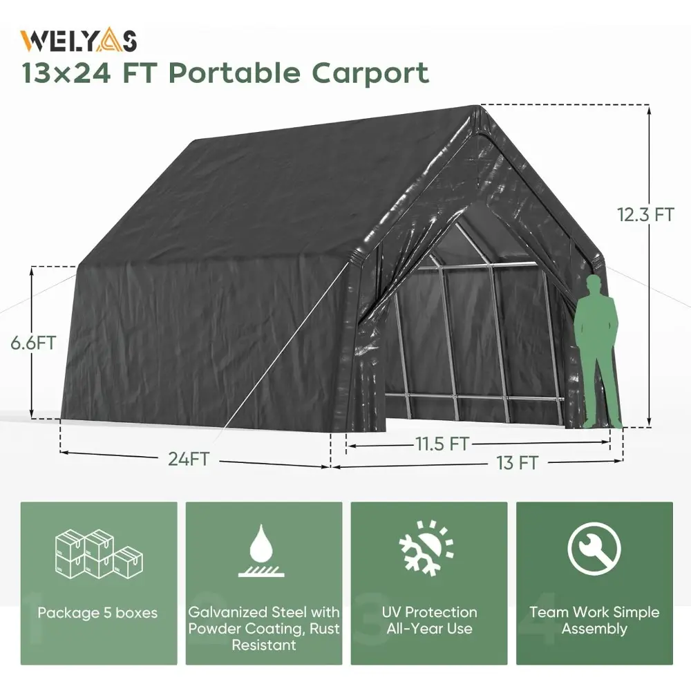13 x 24 FT Carport, Heavy Duty Car Port Outdoor UV Garage with 2 Roll up Doors, Waterproof Carport Canopy Multi-Functional Shelt