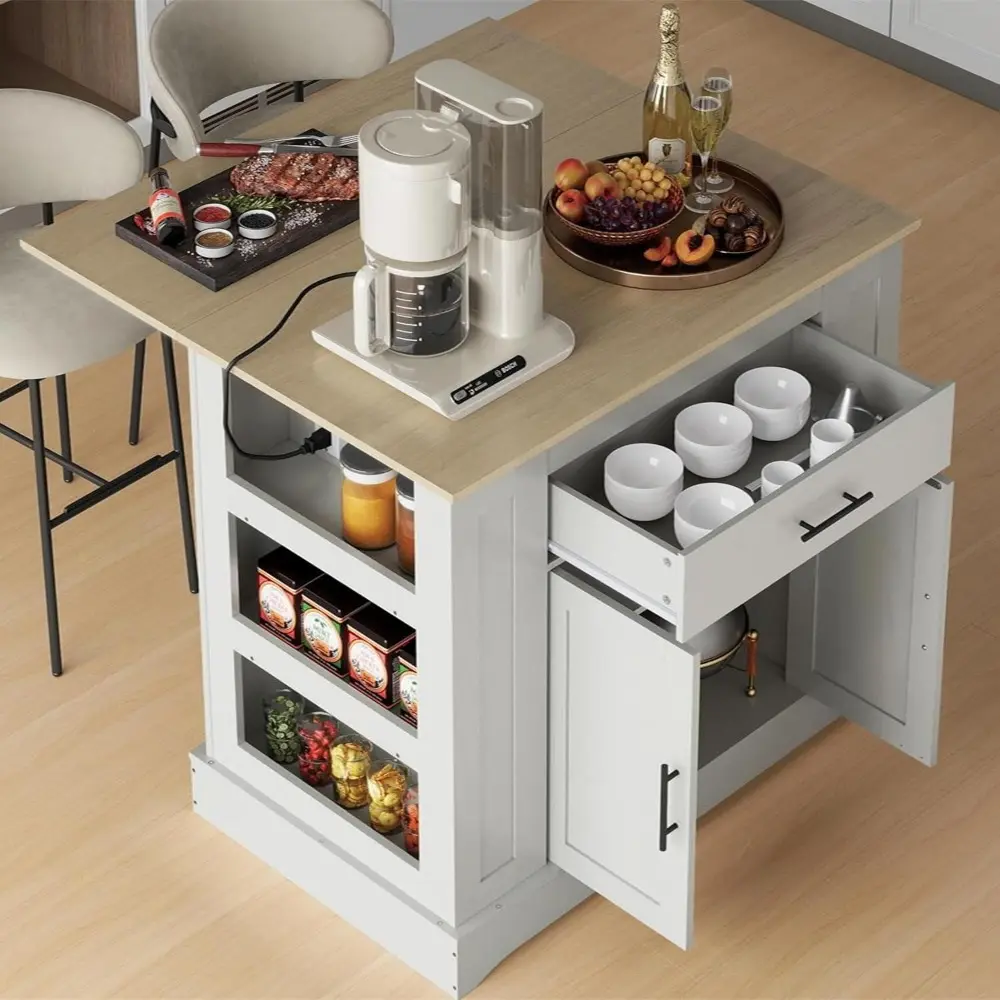 Large Kitchen Island with Storage & Power Outlet, Drawer, Adjustable Shelves, Side Open Compartments, and Drop Leaf,Island Tabl