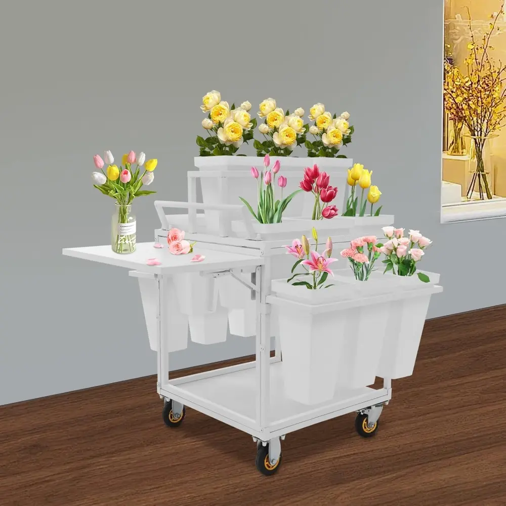 Metal Garden Cart Plant Stand with 18pcs Buckets, 6-Tier Slide Out Rolling Flower Display Rack with Folding Table Board, Storage