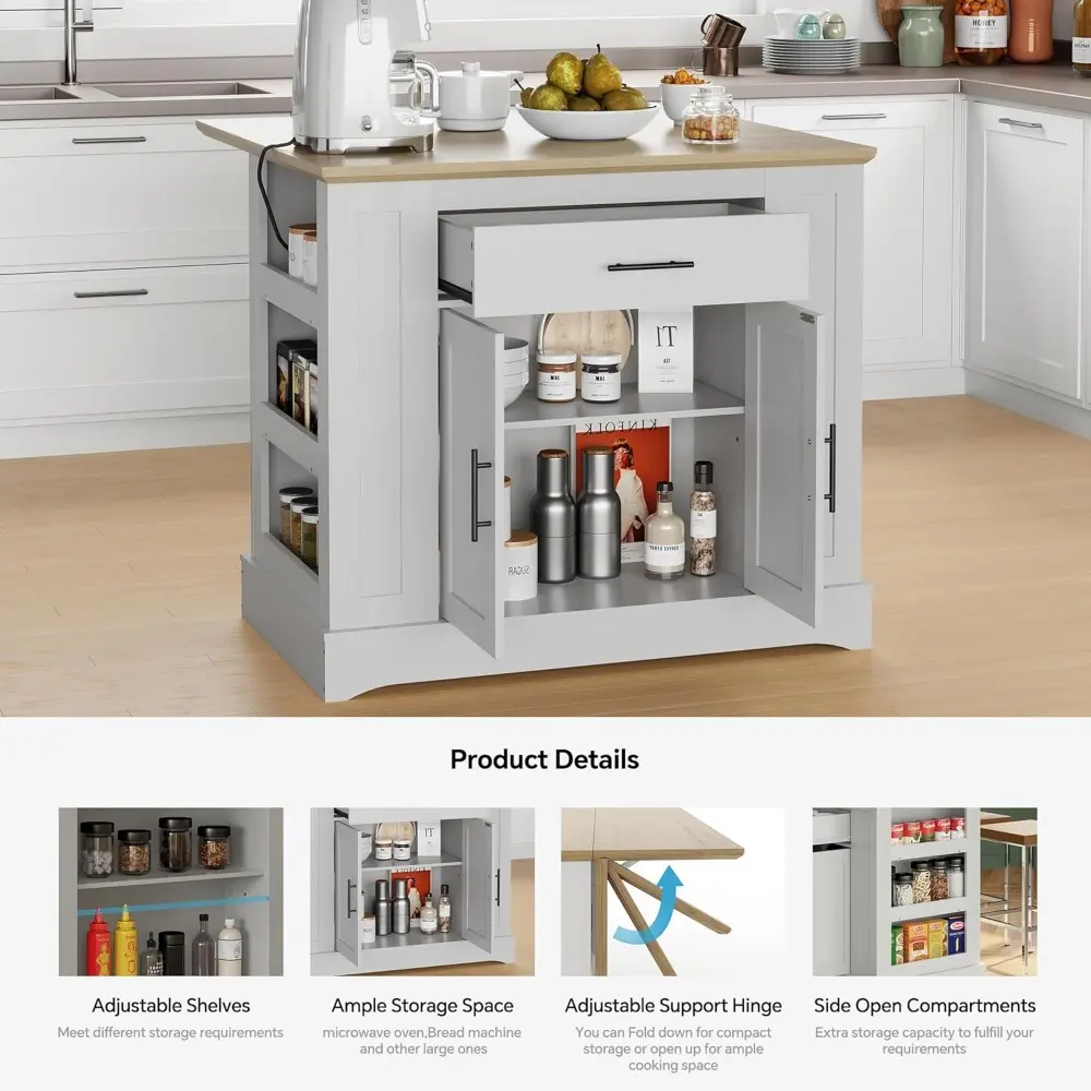 Large Kitchen Island with Storage & Power Outlet, Drawer, Adjustable Shelves, Side Open Compartments, and Drop Leaf,Island Tabl