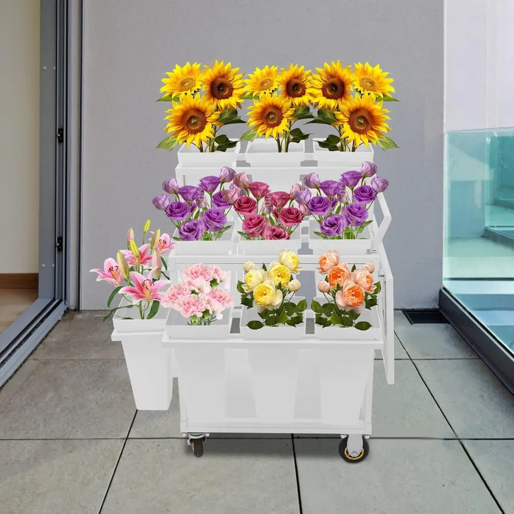 Metal Garden Cart Plant Stand with 18pcs Buckets, 6-Tier Slide Out Rolling Flower Display Rack with Folding Table Board, Storage