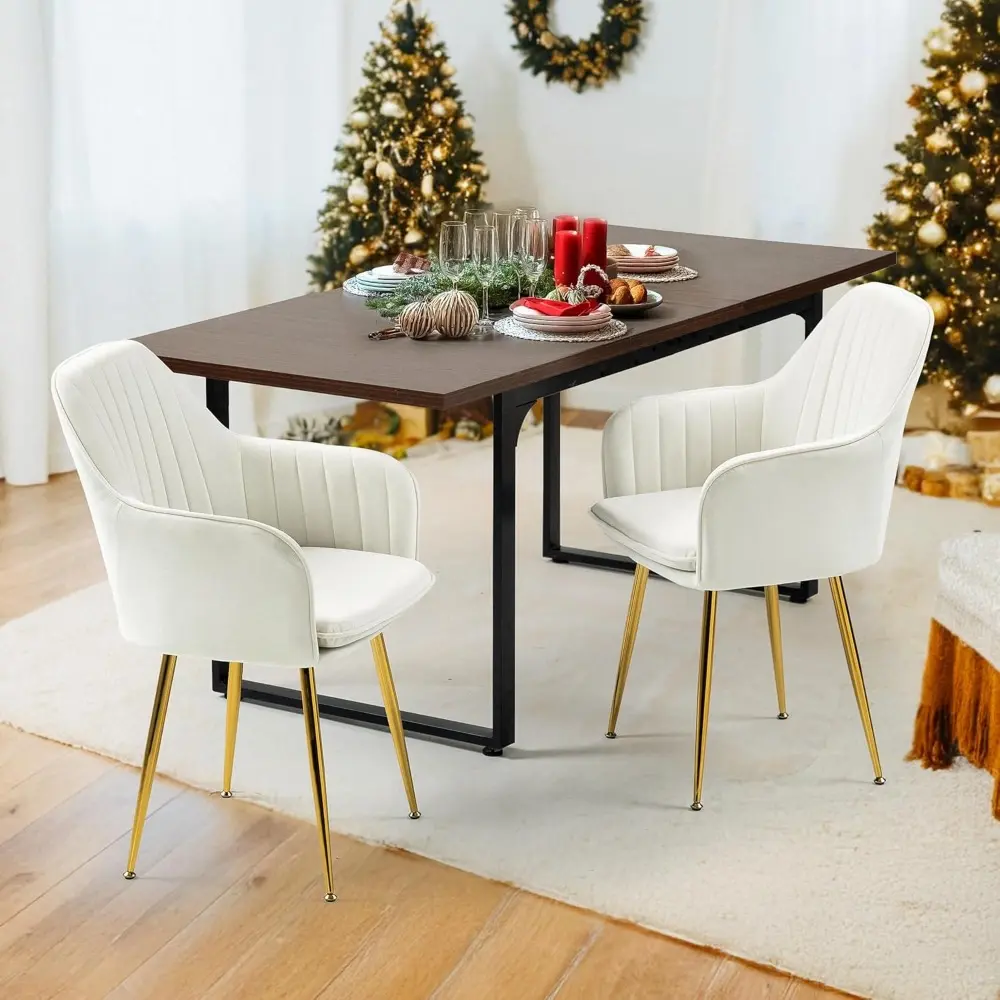 Velvet Dining Chairs Set of 2, Modern Arm Chair with Golden Metal Legs, Living Room Accent Chairs for Kitchen, Beige