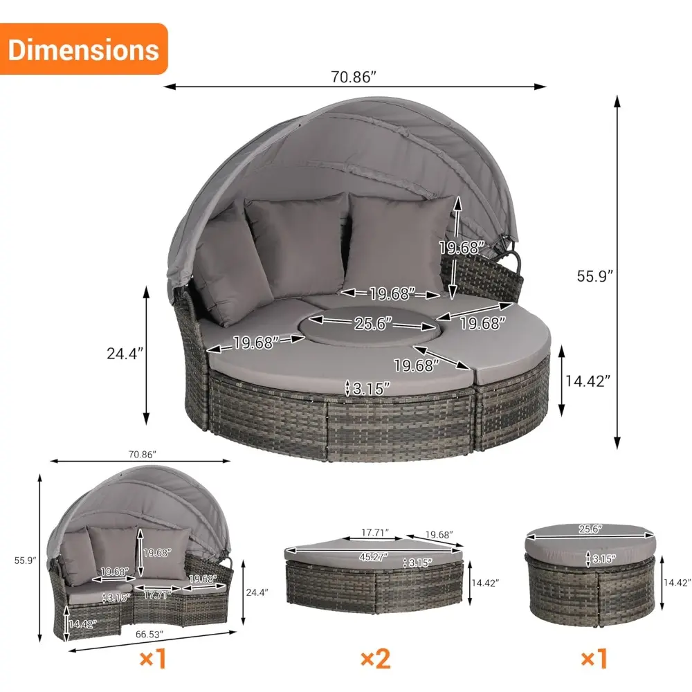5 Pieces Outdoor Patio Round Daybed Furniture,All-Weather Wicker Conversation Sofa Sunbed Set with Retractable Canopy, Soft Cus