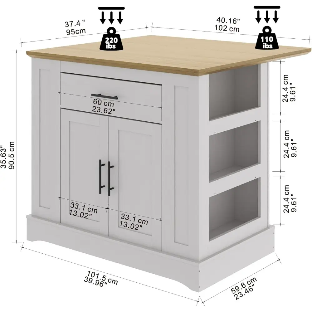 Large Kitchen Island with Storage & Power Outlet, Drawer, Adjustable Shelves, Side Open Compartments, and Drop Leaf,Island Tabl