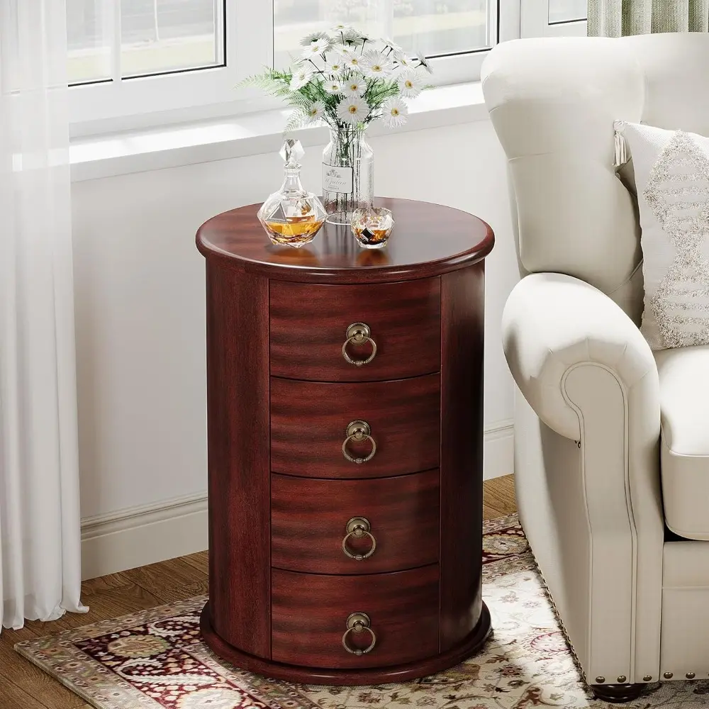 Solid Wood End Table, Round Side Table with 4 Drawers, Vintage Bedside Table Nightstand for Small Spaces, Living Room, Bedroom,