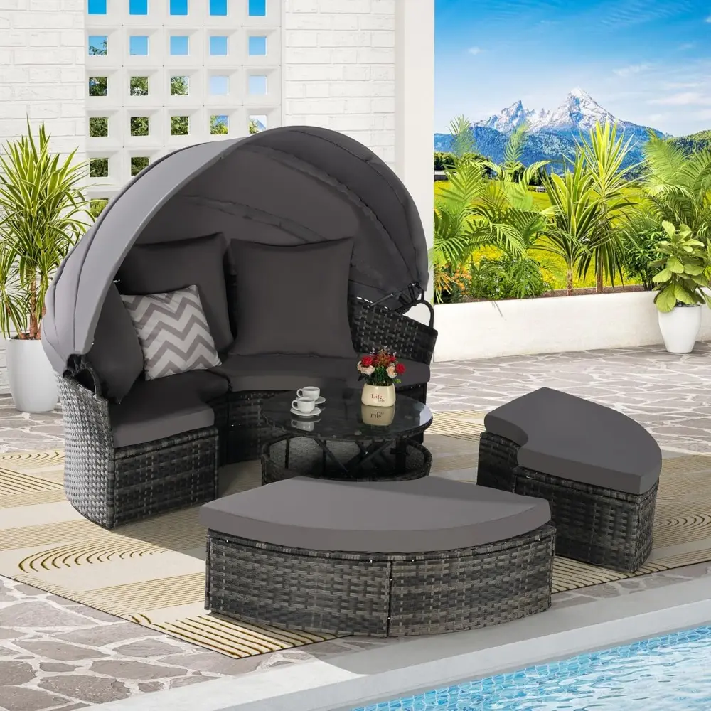 5 Pieces Outdoor Patio Round Daybed Furniture,All-Weather Wicker Conversation Sofa Sunbed Set with Retractable Canopy, Soft Cus