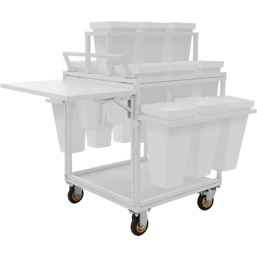 Metal Garden Cart Plant Stand with 18pcs Buckets, 6-Tier Slide Out Rolling Flower Display Rack with Folding Table Board, Storage
