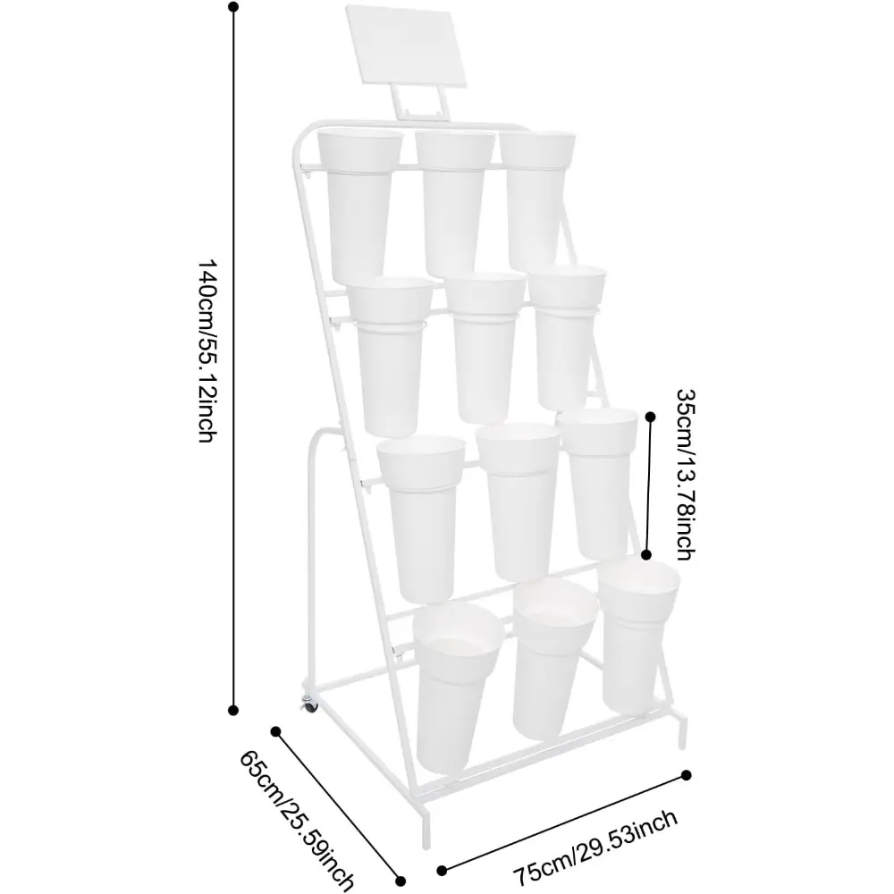 4-Tier Flower Display Stand with 12 Buckets, Metal Plant Shelf with 2 Wheel, Movable Flower Plant Stand for Florist Shop, Patio,