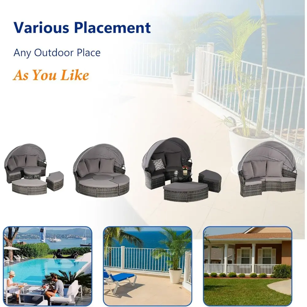 5 Pieces Outdoor Patio Round Daybed Furniture,All-Weather Wicker Conversation Sofa Sunbed Set with Retractable Canopy, Soft Cus