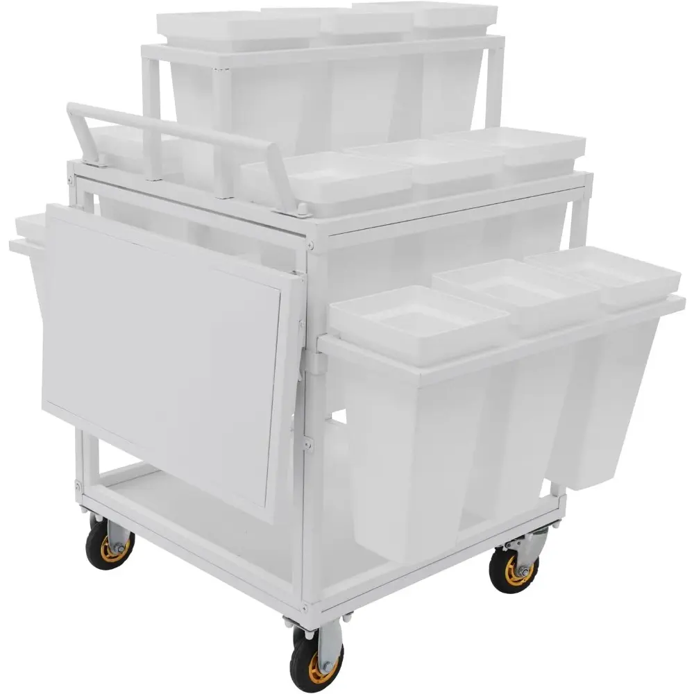 Metal Garden Cart Plant Stand with 18pcs Buckets, 6-Tier Slide Out Rolling Flower Display Rack with Folding Table Board, Storage