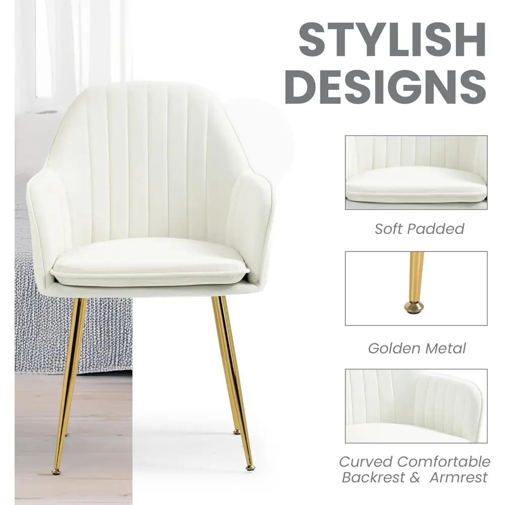 Velvet Dining Chairs Set of 2, Modern Arm Chair with Golden Metal Legs, Living Room Accent Chairs for Kitchen, Beige
