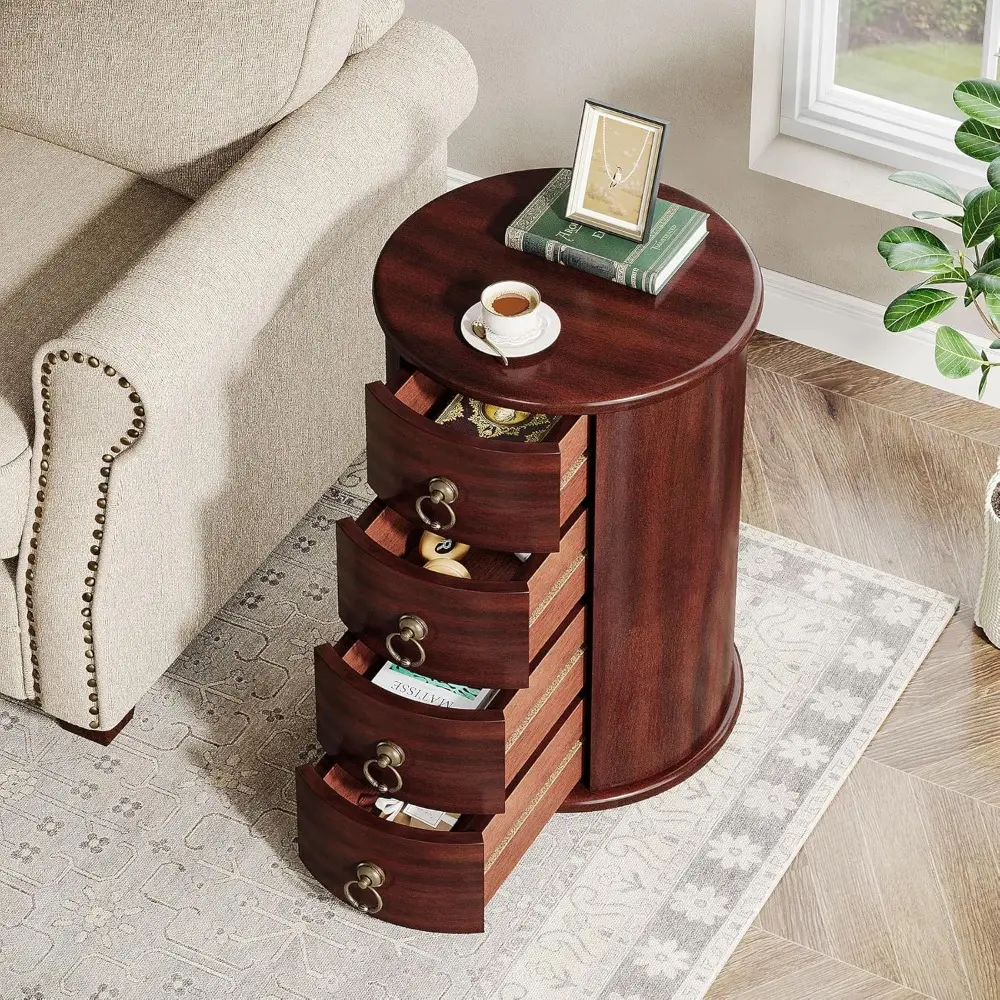 Solid Wood End Table, Round Side Table with 4 Drawers, Vintage Bedside Table Nightstand for Small Spaces, Living Room, Bedroom,
