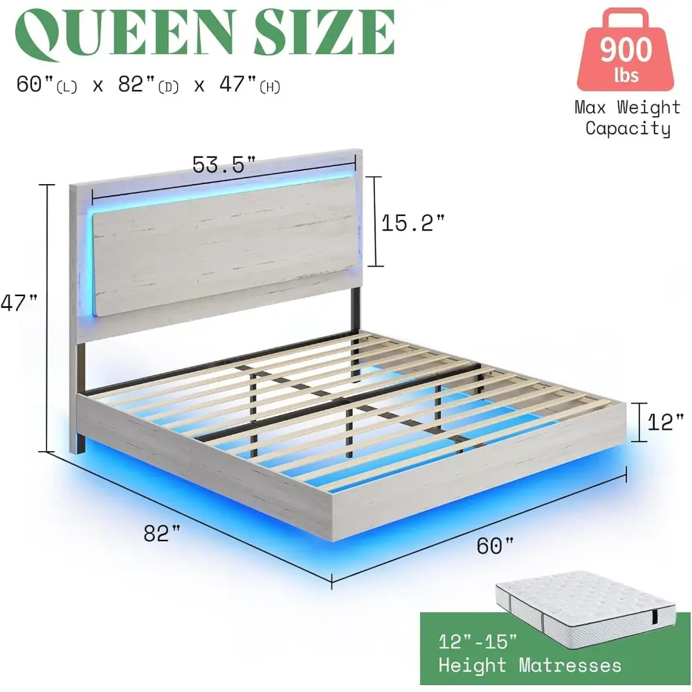 AMERLIFE Queen Bed Frame, Farmhouse Floating Bed Frame with Recline Headboard, No Box Spring Needed/Noise Free, Platform Bed wit