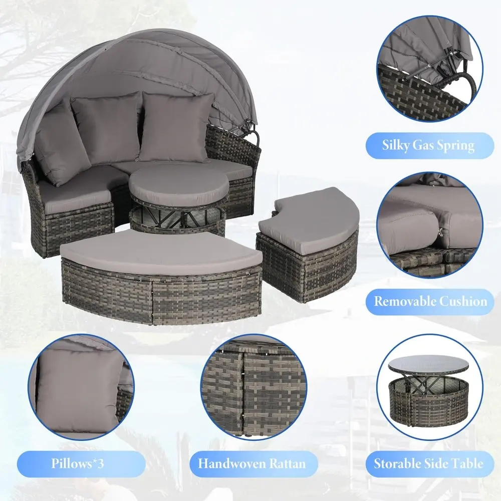 5 Pieces Outdoor Patio Round Daybed Furniture,All-Weather Wicker Conversation Sofa Sunbed Set with Retractable Canopy, Soft Cus