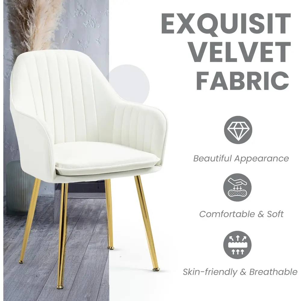Velvet Dining Chairs Set of 2, Modern Arm Chair with Golden Metal Legs, Living Room Accent Chairs for Kitchen, Beige