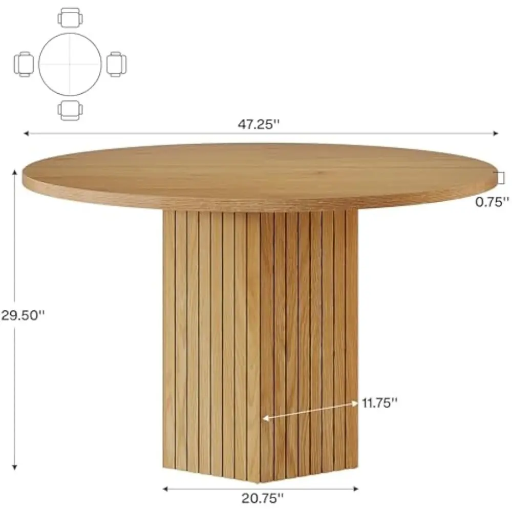 Wood Dining Table Round Kitchen Table for Dining Room, 47 inch Dinner Table 4 People Dining Room Table with Heavy Duty Pedestal