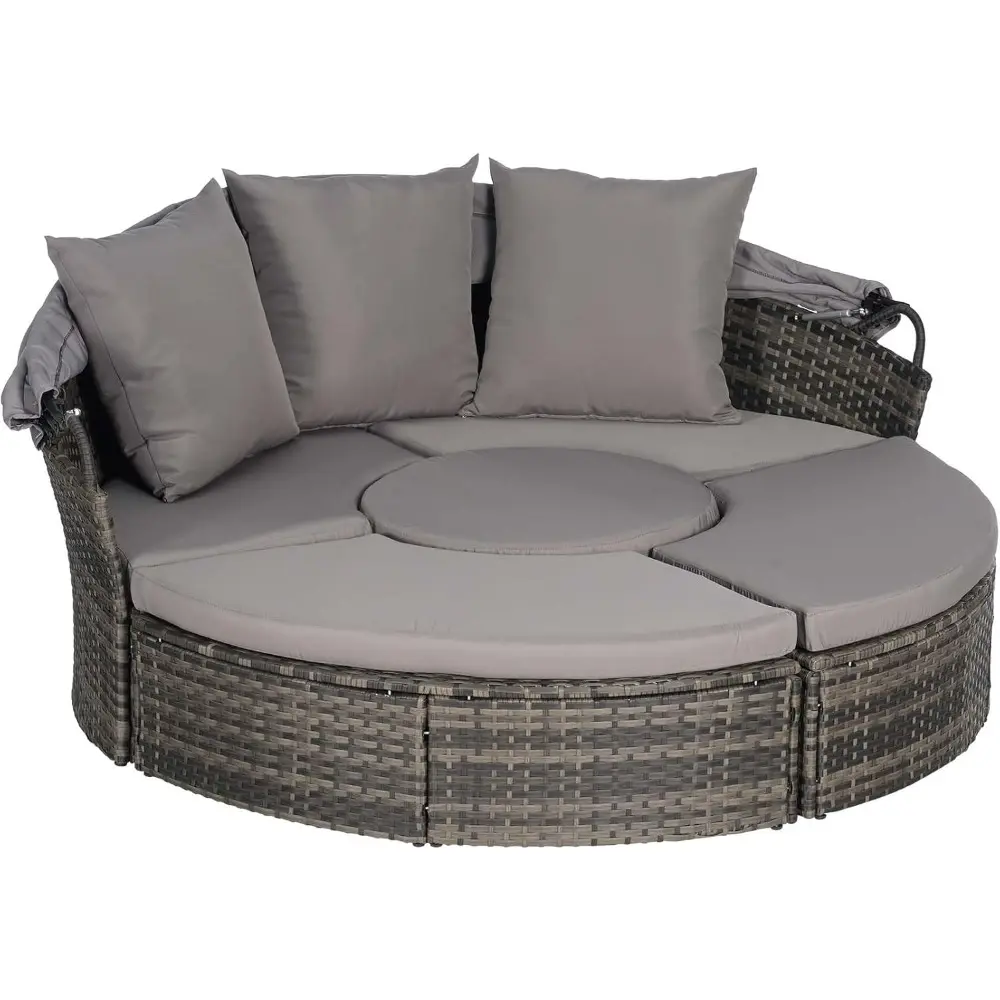 5 Pieces Outdoor Patio Round Daybed Furniture,All-Weather Wicker Conversation Sofa Sunbed Set with Retractable Canopy, Soft Cus