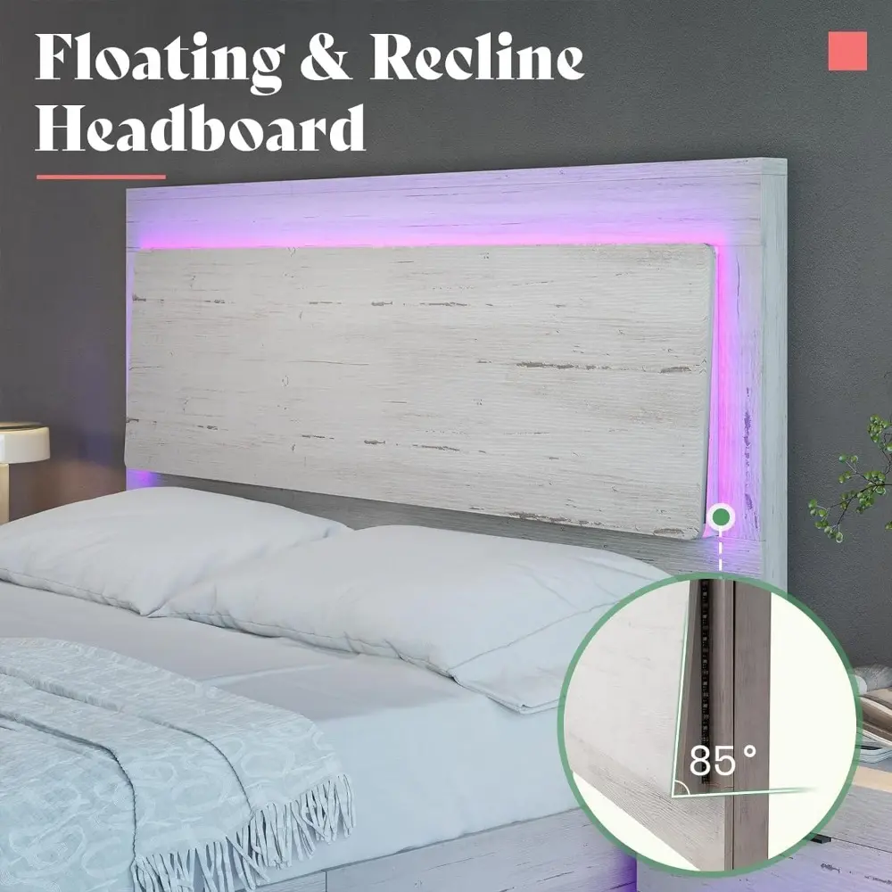AMERLIFE Queen Bed Frame, Farmhouse Floating Bed Frame with Recline Headboard, No Box Spring Needed/Noise Free, Platform Bed wit