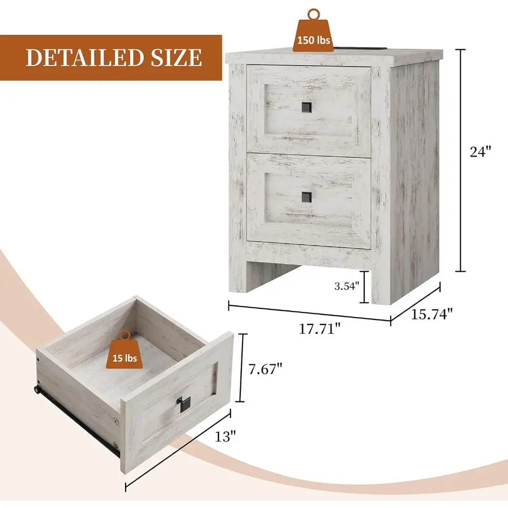 Large Nightstand Set of 2 with Charging Station, Bedside Table with USB Ports and Outlets, Farmhouse Wood End Table for Bedroom