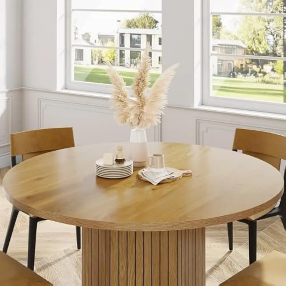 Wood Dining Table Round Kitchen Table for Dining Room, 47 inch Dinner Table 4 People Dining Room Table with Heavy Duty Pedestal