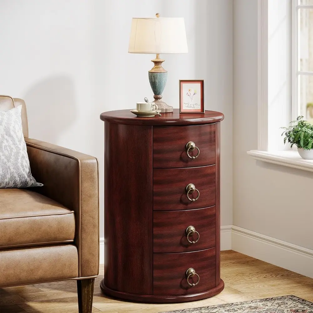 Solid Wood End Table, Round Side Table with 4 Drawers, Vintage Bedside Table Nightstand for Small Spaces, Living Room, Bedroom,