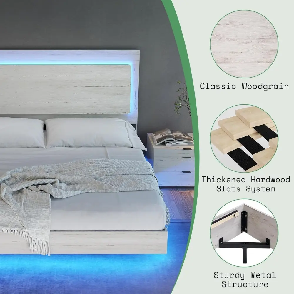 AMERLIFE Queen Bed Frame, Farmhouse Floating Bed Frame with Recline Headboard, No Box Spring Needed/Noise Free, Platform Bed wit