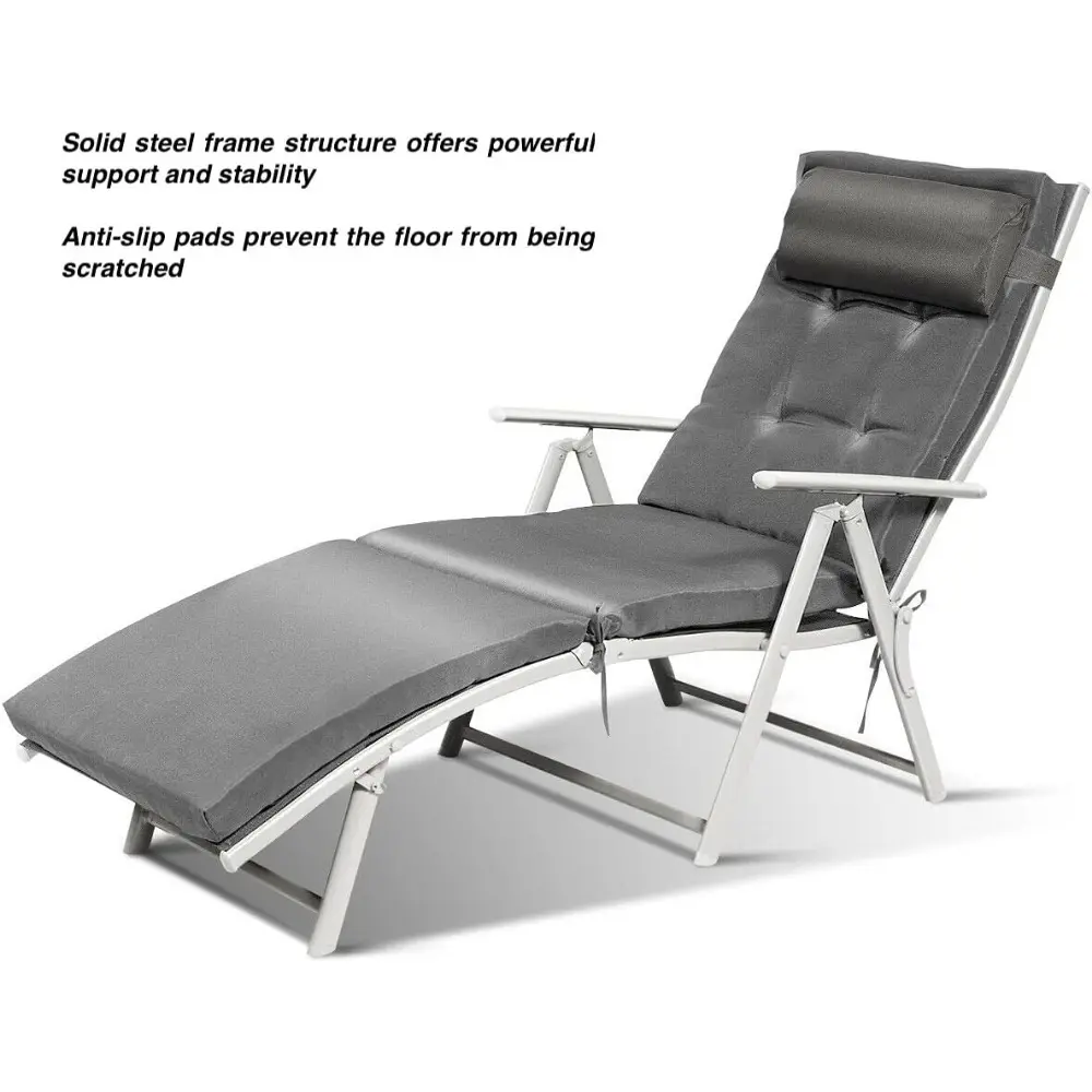 2PCS Outdoor Folding Chaise Lounge Lounger Recliner Chair Sunbathing Bed Grey Detachable Cushion Removable Pillow 7 Level Adjust