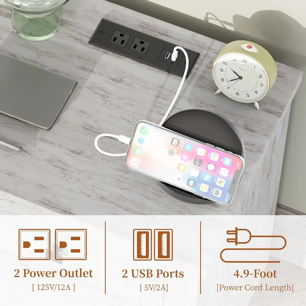 Large Nightstand Set of 2 with Charging Station, Bedside Table with USB Ports and Outlets, Farmhouse Wood End Table for Bedroom