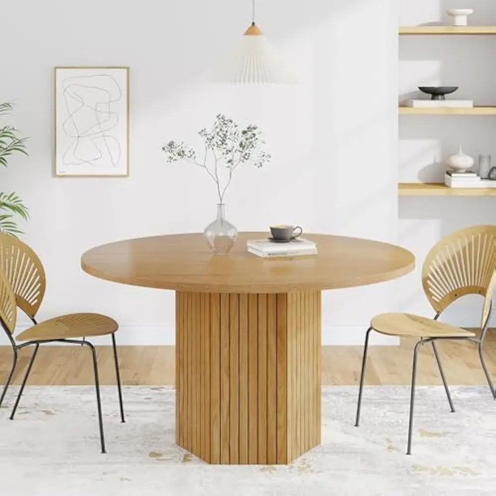 Wood Dining Table Round Kitchen Table for Dining Room, 47 inch Dinner Table 4 People Dining Room Table with Heavy Duty Pedestal