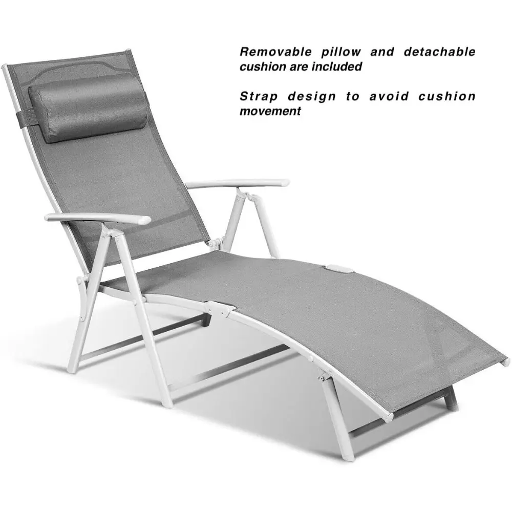 2PCS Outdoor Folding Chaise Lounge Lounger Recliner Chair Sunbathing Bed Grey Detachable Cushion Removable Pillow 7 Level Adjust