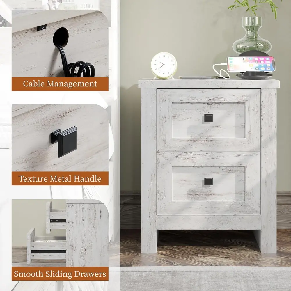 Large Nightstand Set of 2 with Charging Station, Bedside Table with USB Ports and Outlets, Farmhouse Wood End Table for Bedroom
