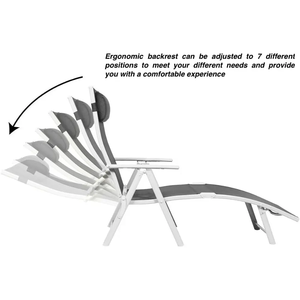 2PCS Outdoor Folding Chaise Lounge Lounger Recliner Chair Sunbathing Bed Grey Detachable Cushion Removable Pillow 7 Level Adjust