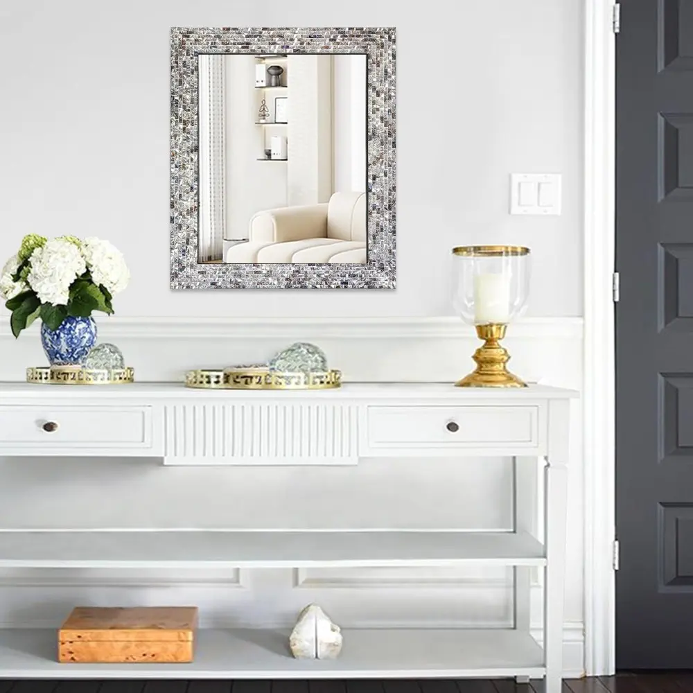 Multi-Colored & Silver, Luxe Mosaic Glass Framed Wall Mirror, Decorative Embossed Mosaic Rectangular Vanity Mirror/Accent Mirror