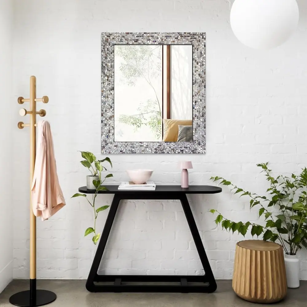 Multi-Colored & Silver, Luxe Mosaic Glass Framed Wall Mirror, Decorative Embossed Mosaic Rectangular Vanity Mirror/Accent Mirror