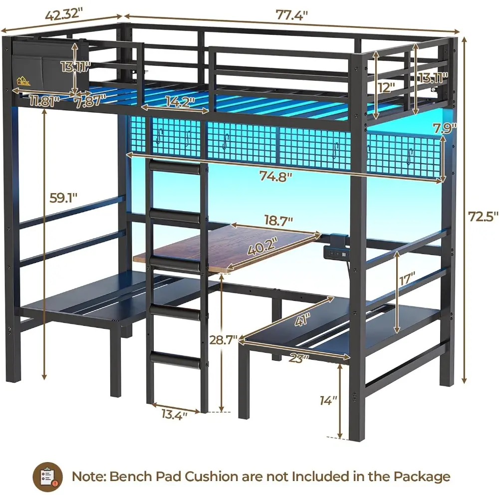 Twin Over Twin Bunk Bed with Led Lights and Charging Station Convertible Loft Bed Twin Size with Desk and Seat Metal Bunk Bed w
