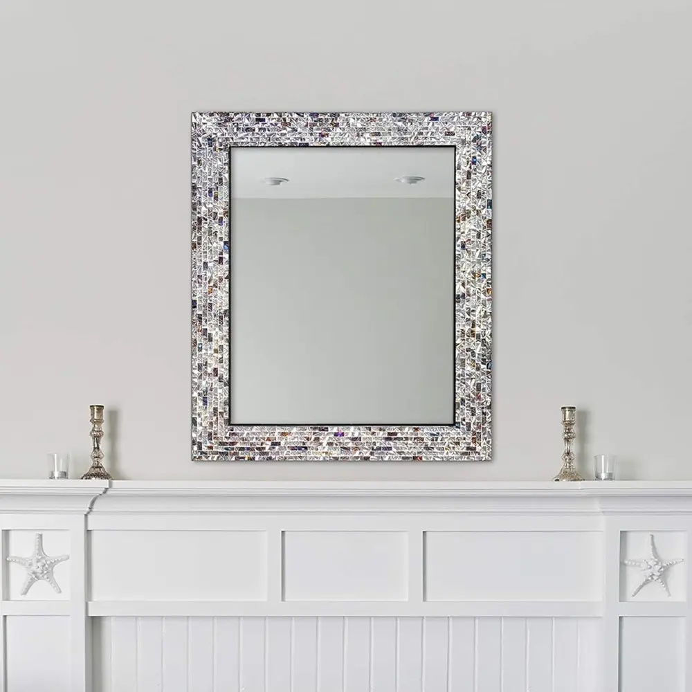 Multi-Colored & Silver, Luxe Mosaic Glass Framed Wall Mirror, Decorative Embossed Mosaic Rectangular Vanity Mirror/Accent Mirror