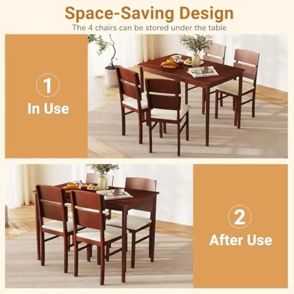 5-Piece Dining Table Set for 4, Farmhouse Rectangular Dinette Table with 4 Upholstered Chairs, High Curved Back, Rubber Wood Le