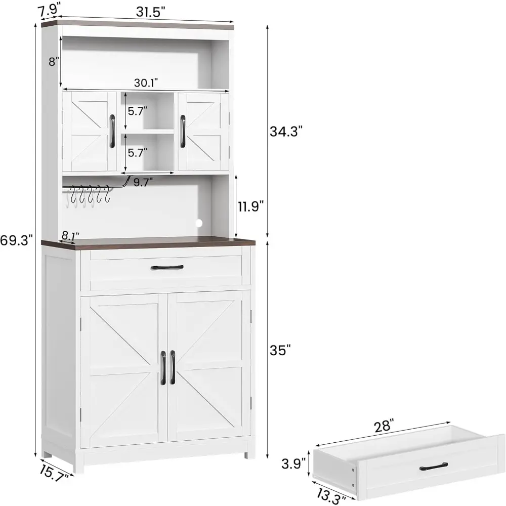 69.3" Tall Kitchen Pantry Cabinet, Farmhouse Large Storage Cabinet with 2 Barn Doors, 1 Drawer and Storage Shelves, Buffet Cupb