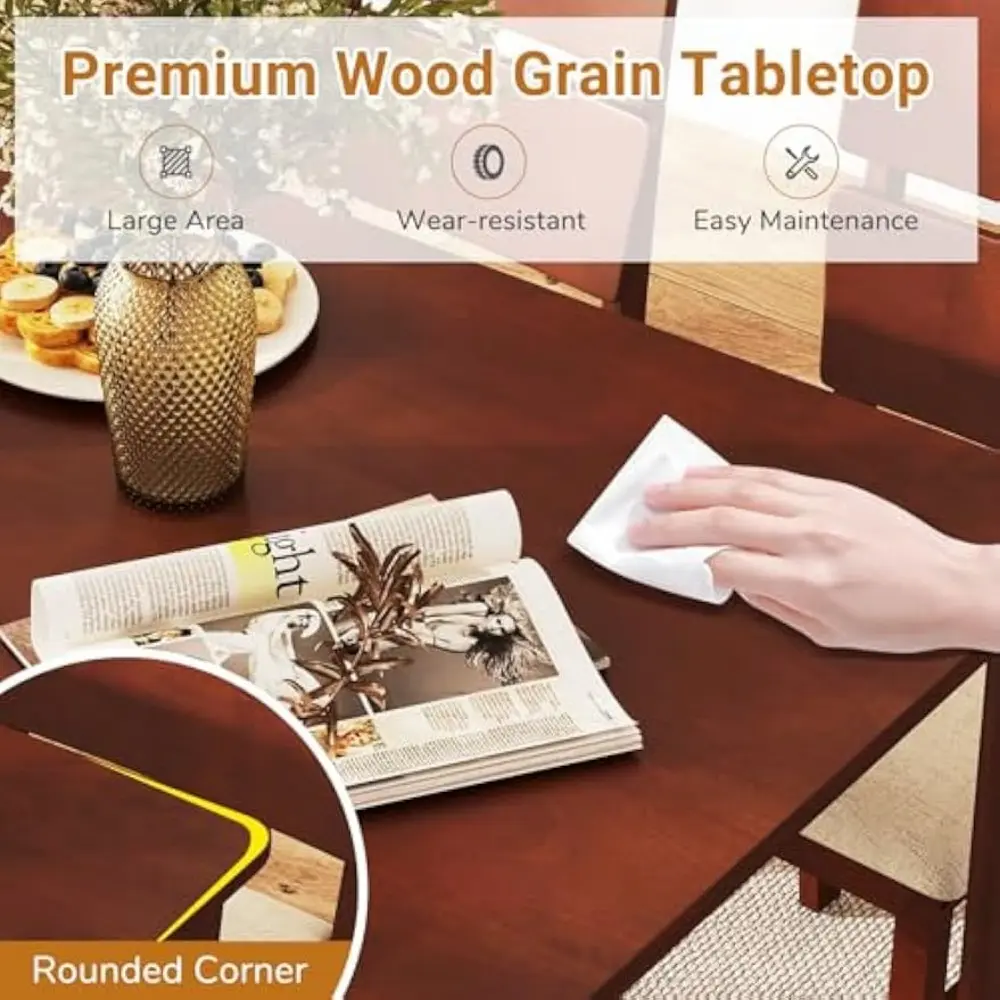 5-Piece Dining Table Set for 4, Farmhouse Rectangular Dinette Table with 4 Upholstered Chairs, High Curved Back, Rubber Wood Le
