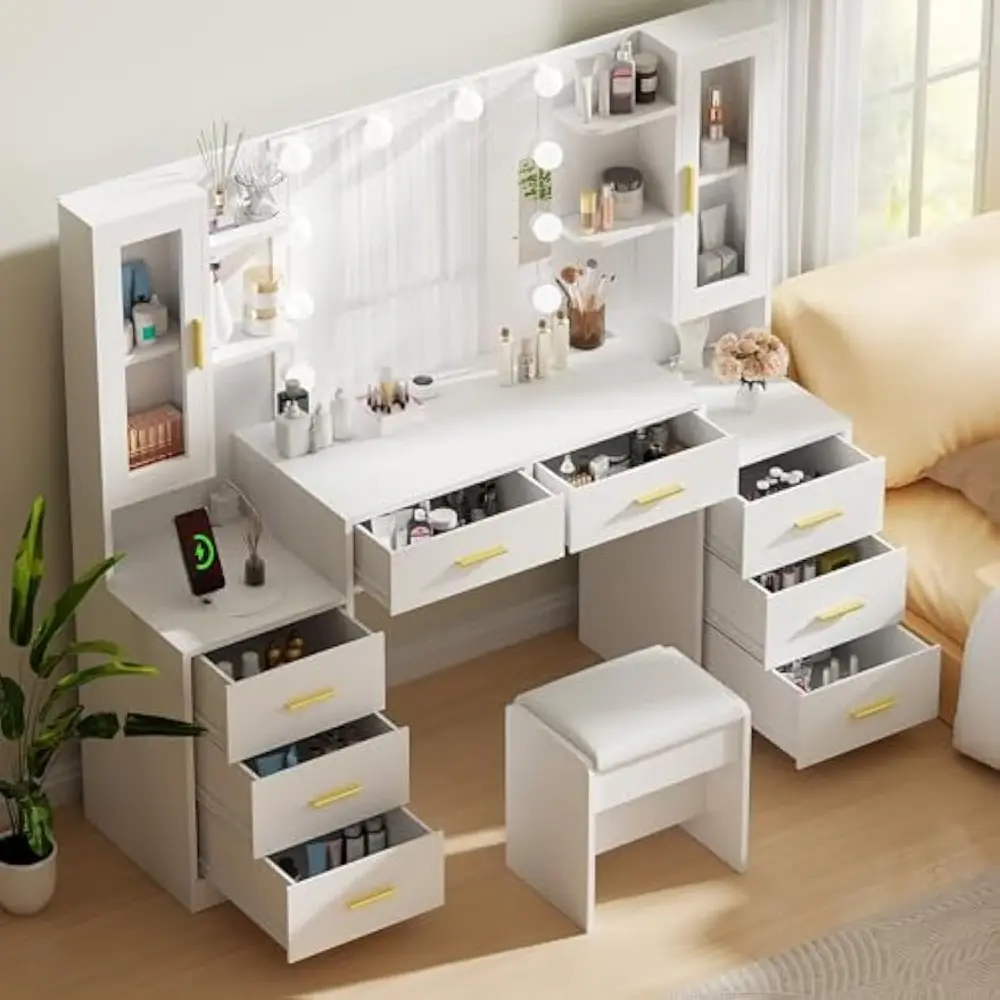 59.1" Large Vanity Desk Table with Mirror & Lights White Makeup Vanity with Power Outlet and 8 Drawers 3 Lighting Modes Adjusta