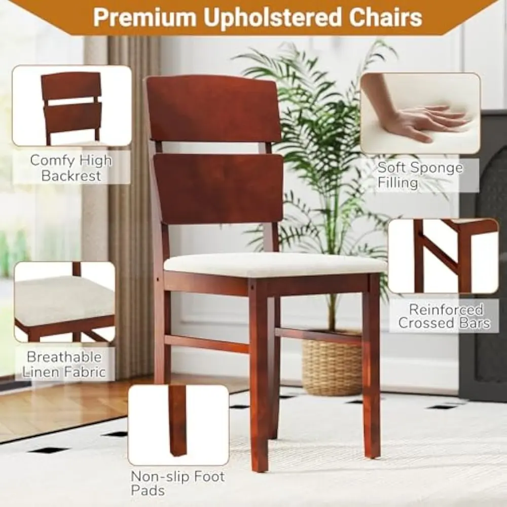 5-Piece Dining Table Set for 4, Farmhouse Rectangular Dinette Table with 4 Upholstered Chairs, High Curved Back, Rubber Wood Le