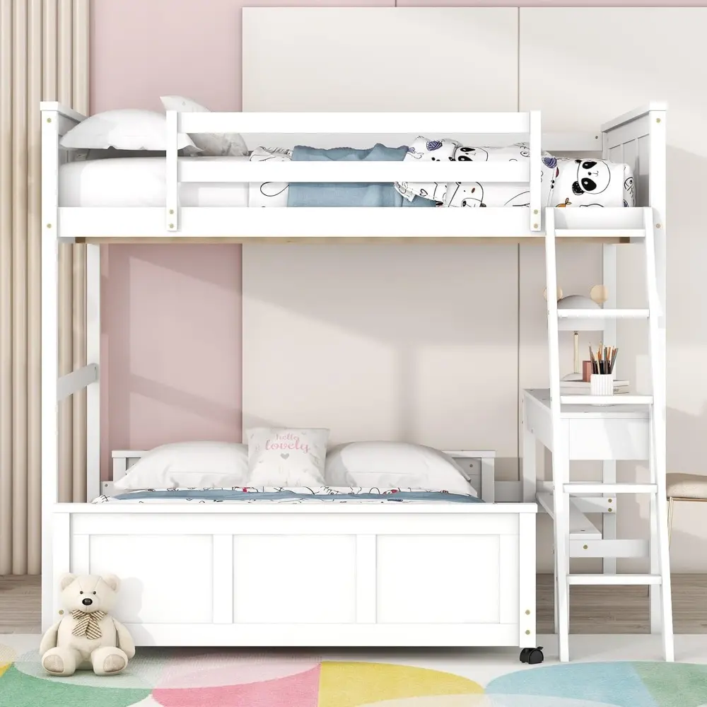 Full Over Full Bunk Bed with Desk and Storage Drawers, Solid Wood Loft Bunk Bed Frame for Kids Teens Adults,White