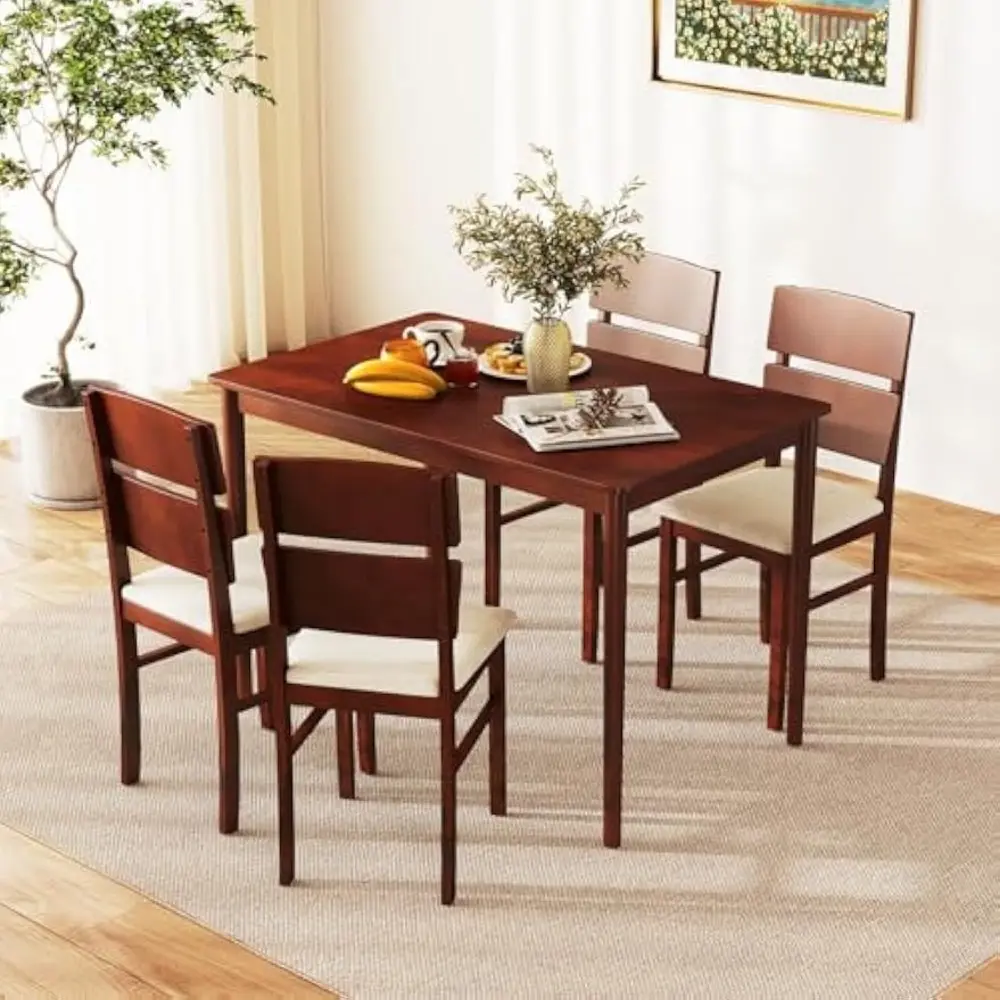 5-Piece Dining Table Set for 4, Farmhouse Rectangular Dinette Table with 4 Upholstered Chairs, High Curved Back, Rubber Wood Le