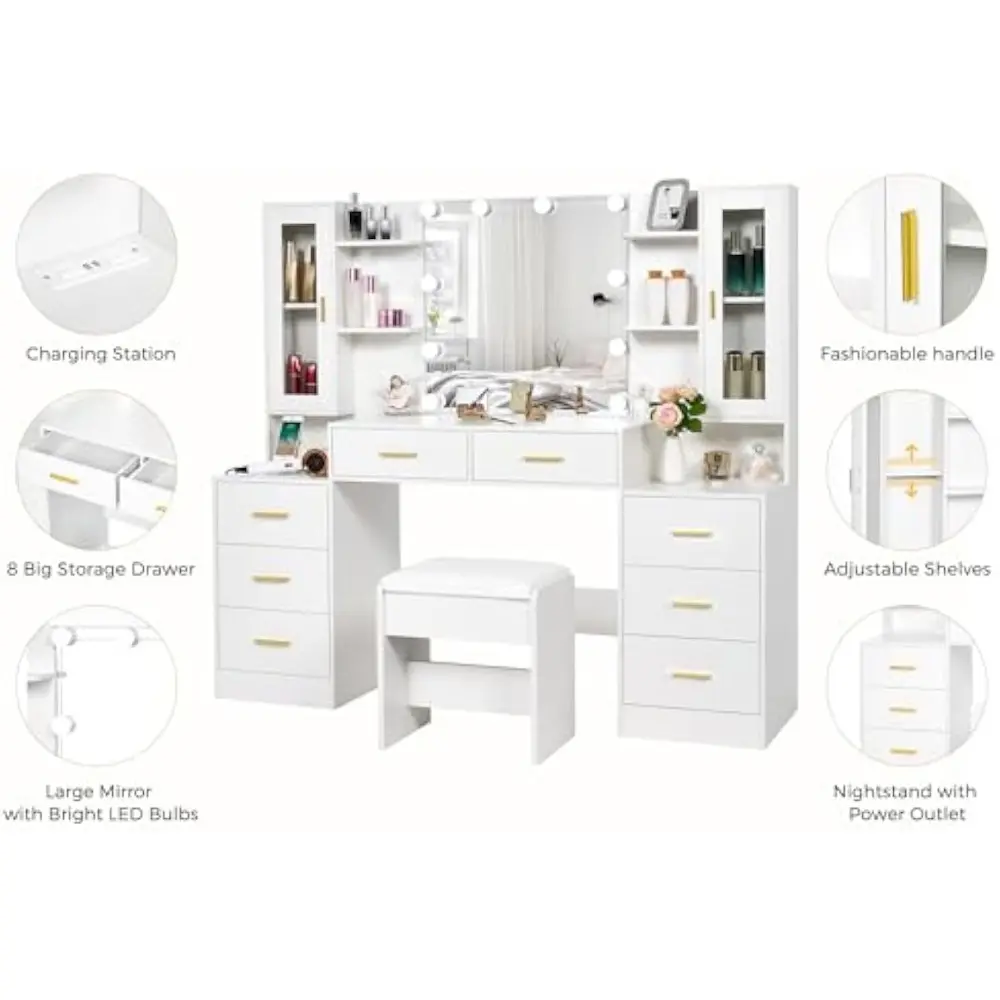 59.1" Large Vanity Desk Table with Mirror & Lights White Makeup Vanity with Power Outlet and 8 Drawers 3 Lighting Modes Adjusta