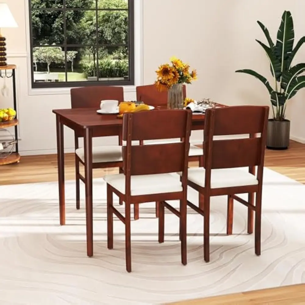 5-Piece Dining Table Set for 4, Farmhouse Rectangular Dinette Table with 4 Upholstered Chairs, High Curved Back, Rubber Wood Le