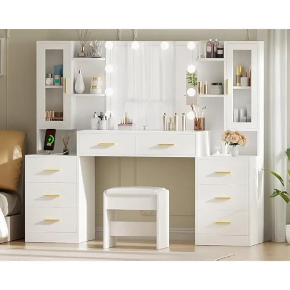 59.1" Large Vanity Desk Table with Mirror & Lights White Makeup Vanity with Power Outlet and 8 Drawers 3 Lighting Modes Adjusta