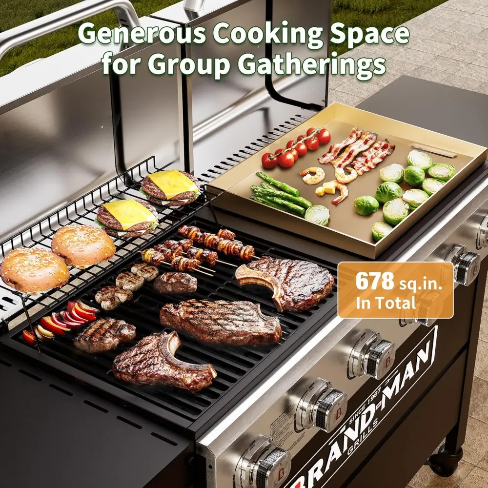Brand-Man Griddle Grill Combo 6-Burner, 2 in 1 Versatile Propane Gas Grill and Griddle with Double Stainless Steel Lids, BBQ Com